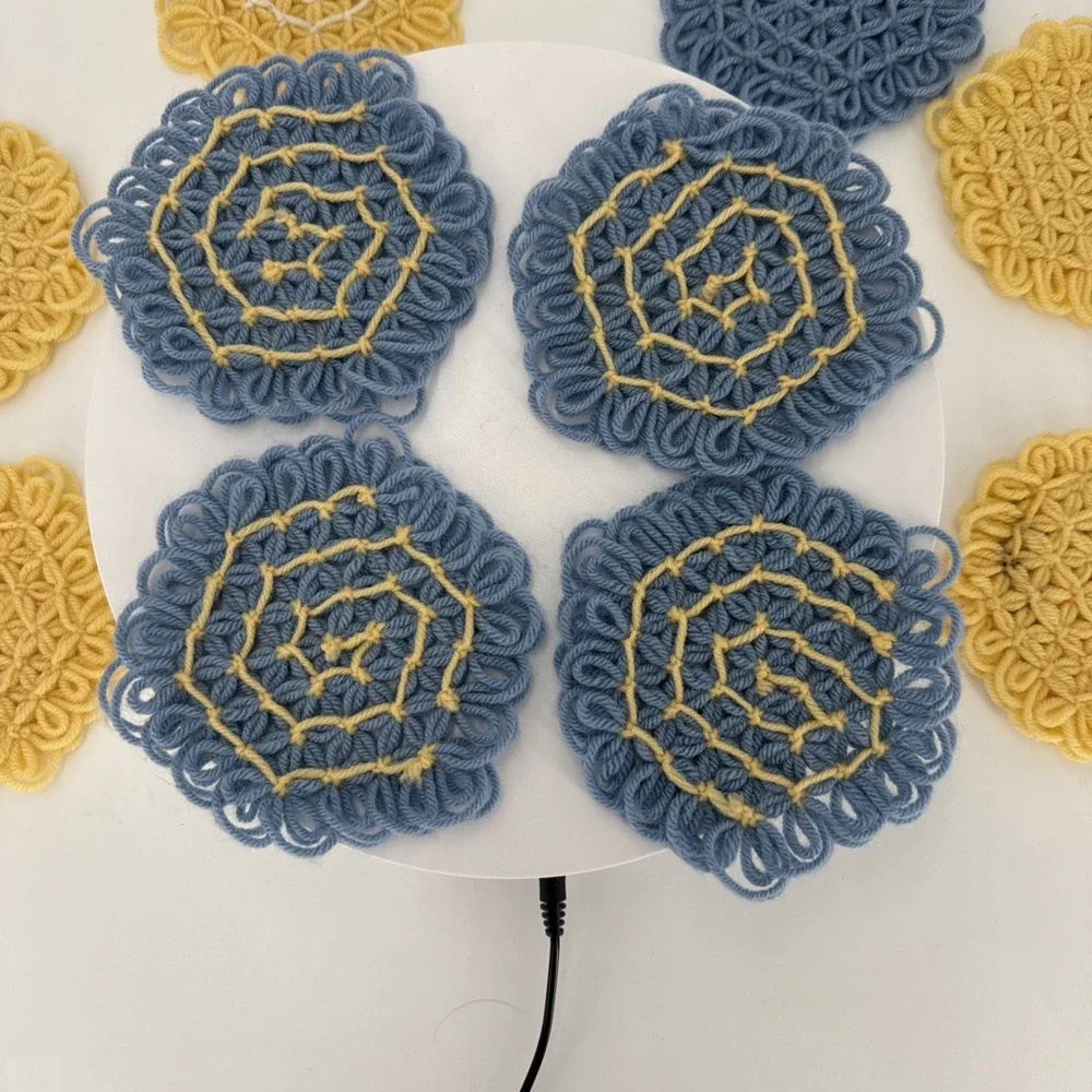 Vtg Handmade Loom Crochet Coasters-4 Blue/Yellow-1 Blue-4 Yellow-1 Yellow/White‎